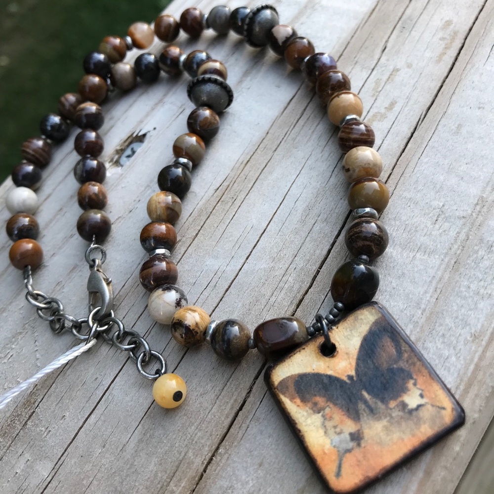 Tree Agate Butterfly Necklace Earring Bracelet Set